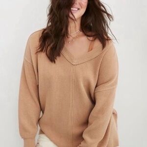 Aerie Tan Beige Ribbed V-Neck Oversized Sweater Women's Size S
